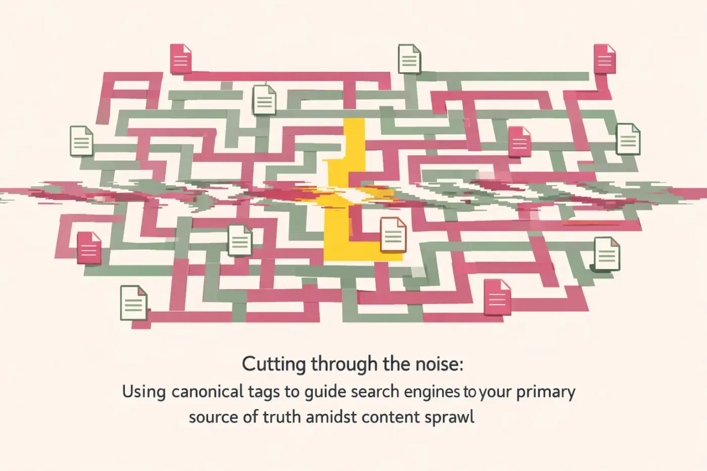 A highlighted path through a maze representing canonical tags resolving duplicate content on large websites.