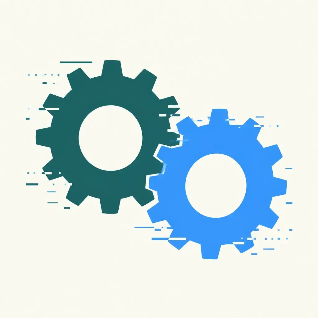 A minimalist illustration of two interlocking gears with a digital glitch effect, representing the integration of development and SEO teams.