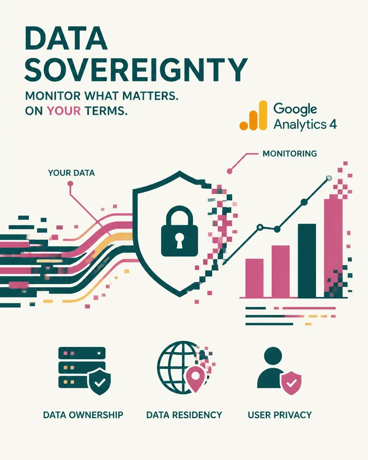 A minimalist and flat design graphic representing data flow and analytics with a pixelated glitch effect on a stylized line graph.