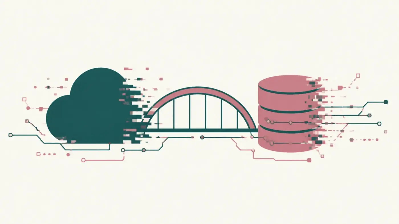 A minimalist tech-forward illustration of a digital bridge made of light sage and rose blocks connecting a cloud symbol to a database icon, representing the BigQuery Bridge.