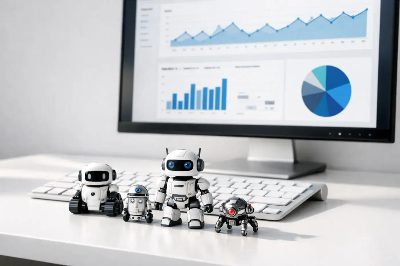 Analytics workspace with robots representing bot traffic contaminating GA4 data
