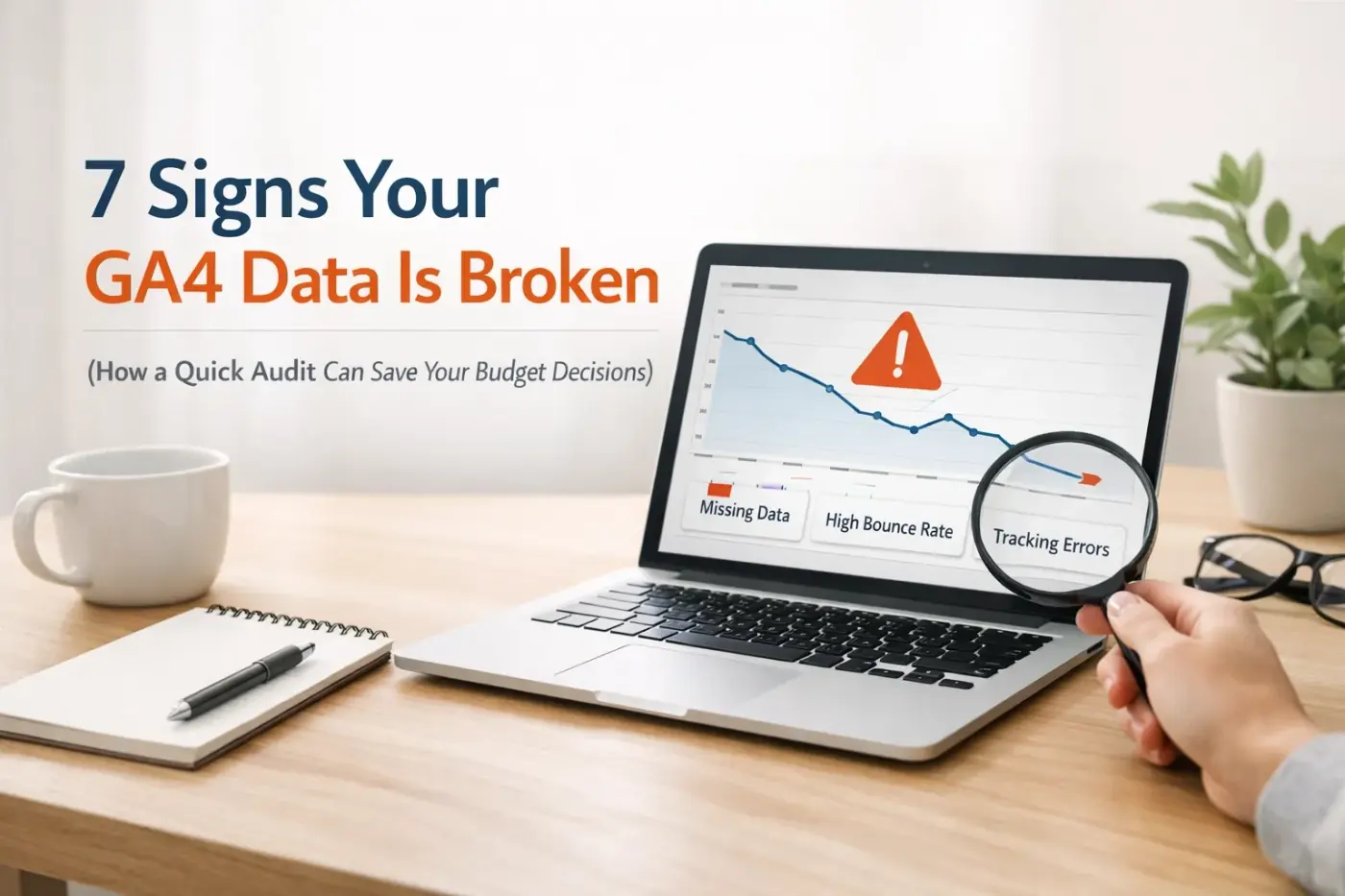 Abstract illustration representing warning signs that GA4 data is broken and how an audit catches them
