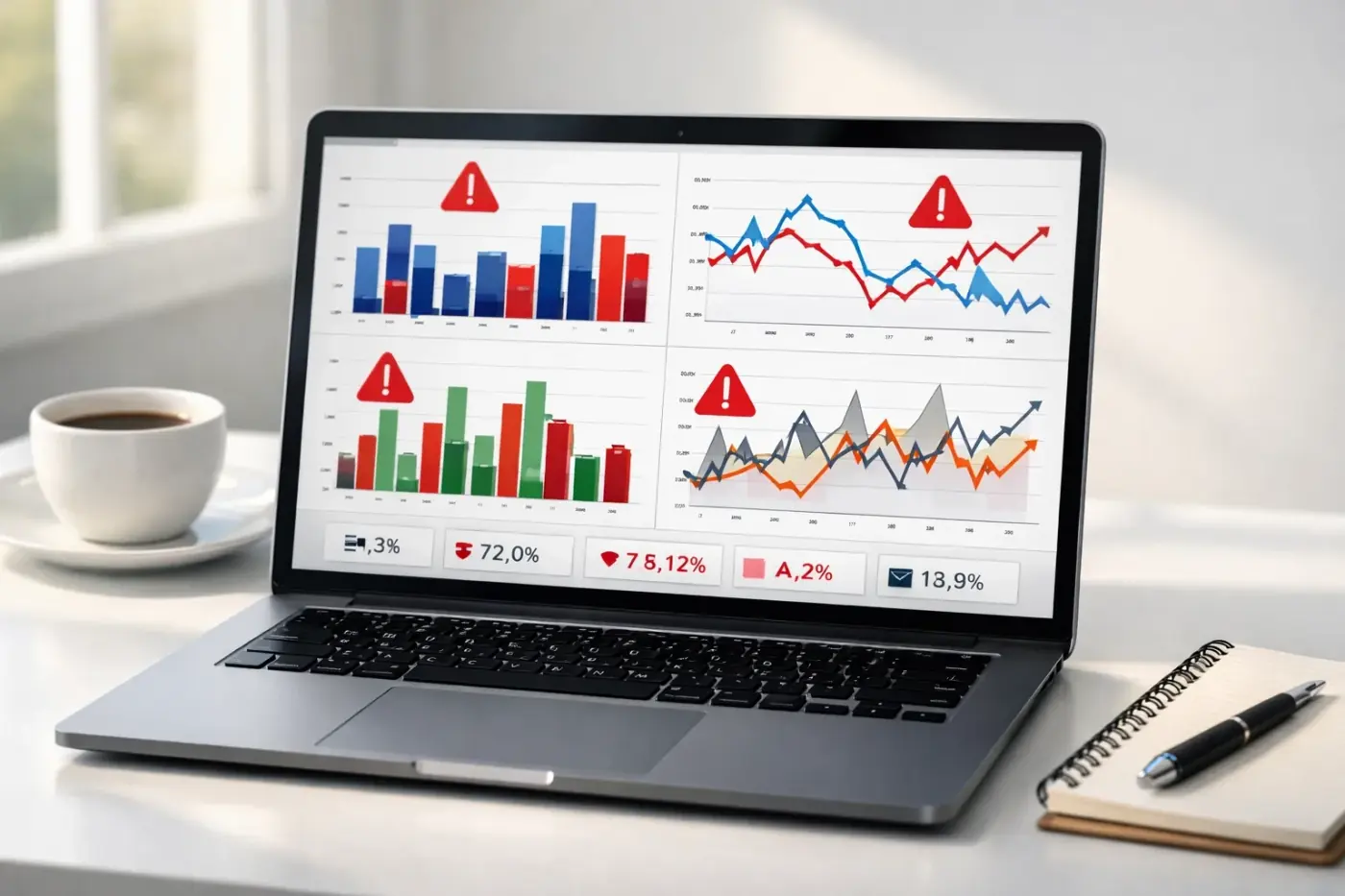 Laptop displaying GA4 analytics dashboard with inconsistent event tracking data and warning indicators