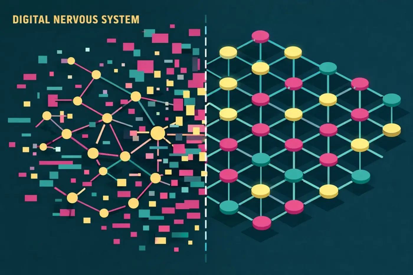 Abstract digital map showing the transition from chaotic to organized internal linking architecture.