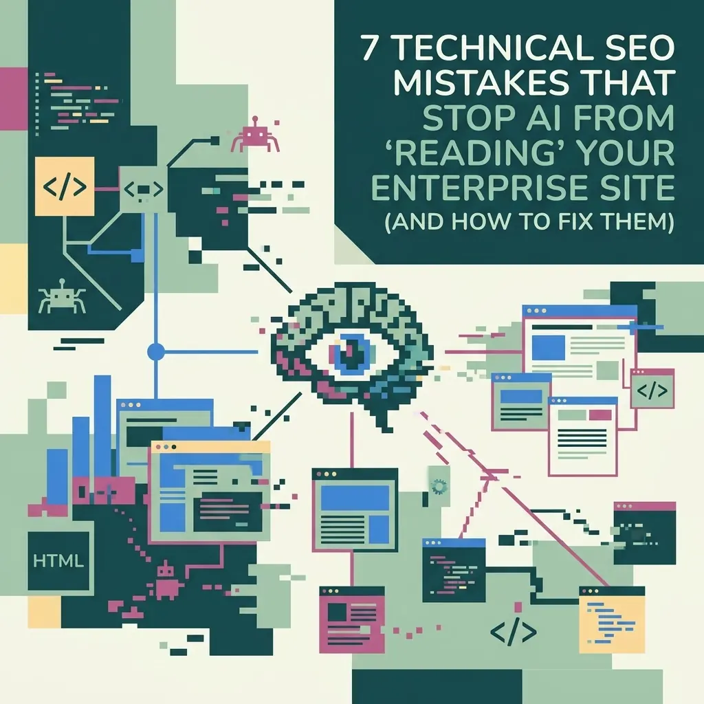 Abstract illustration representing technical SEO mistakes that stop AI from reading an enterprise site