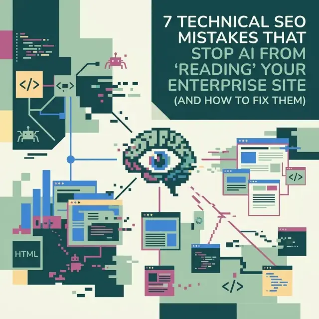 Abstract illustration representing technical SEO mistakes that stop AI from reading an enterprise site