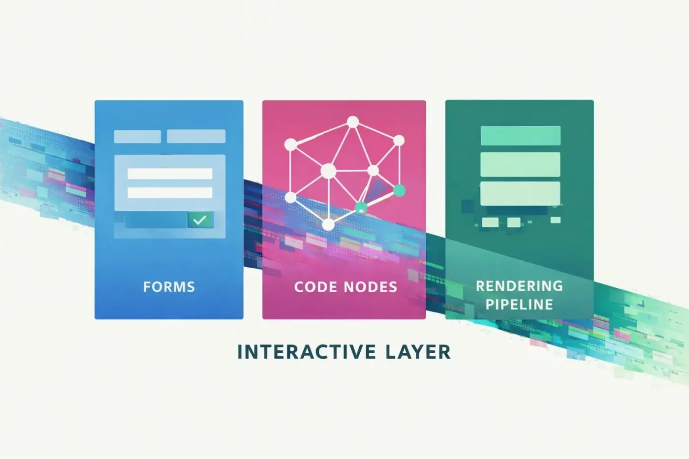Minimalist flat-design tech graphic with duotone overlay and pixelated glitch band, representing forms, JavaScript rendering, and interactive government web applications in a technical SEO audit.