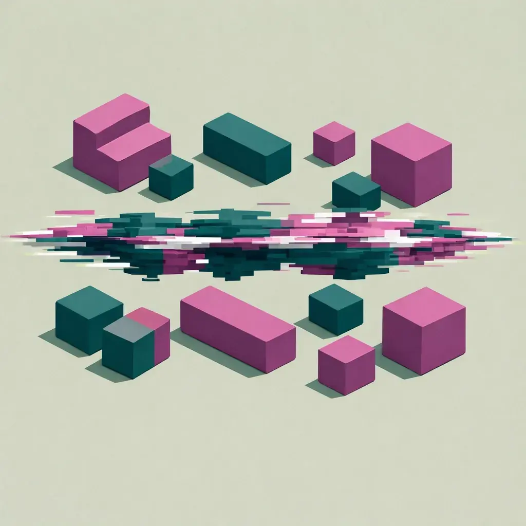 Abstract fragmented blocks with a digital glitch effect representing disconnected marketing data siloes.
