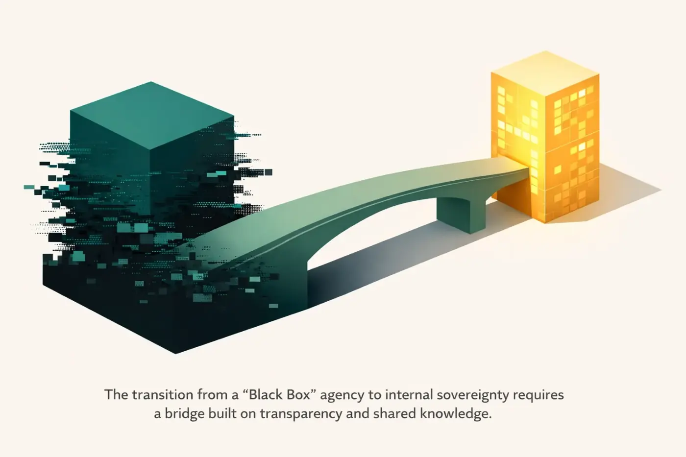 Minimalist bridge illustrating the shift from agency data silos to internal data sovereignty and empowerment.