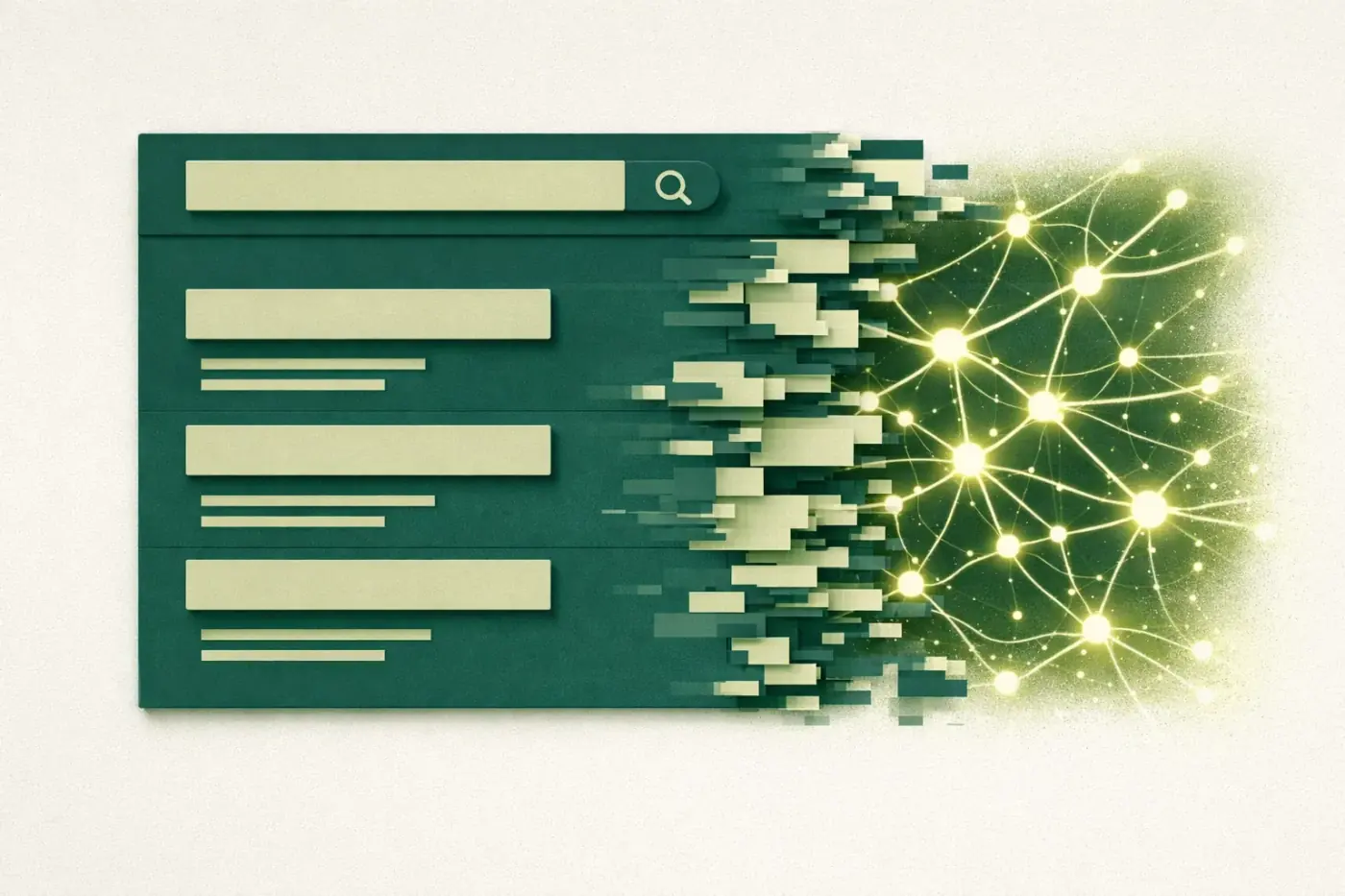 A digital interface where search results transform into a neural network of entities and AI data relationships.