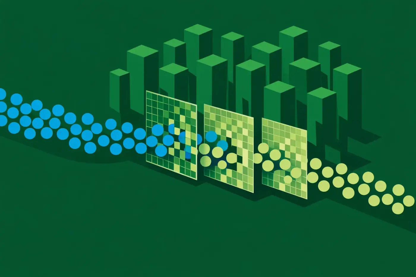 Digital forest illustration of data spheres passing through server-side tagging filters for privacy.