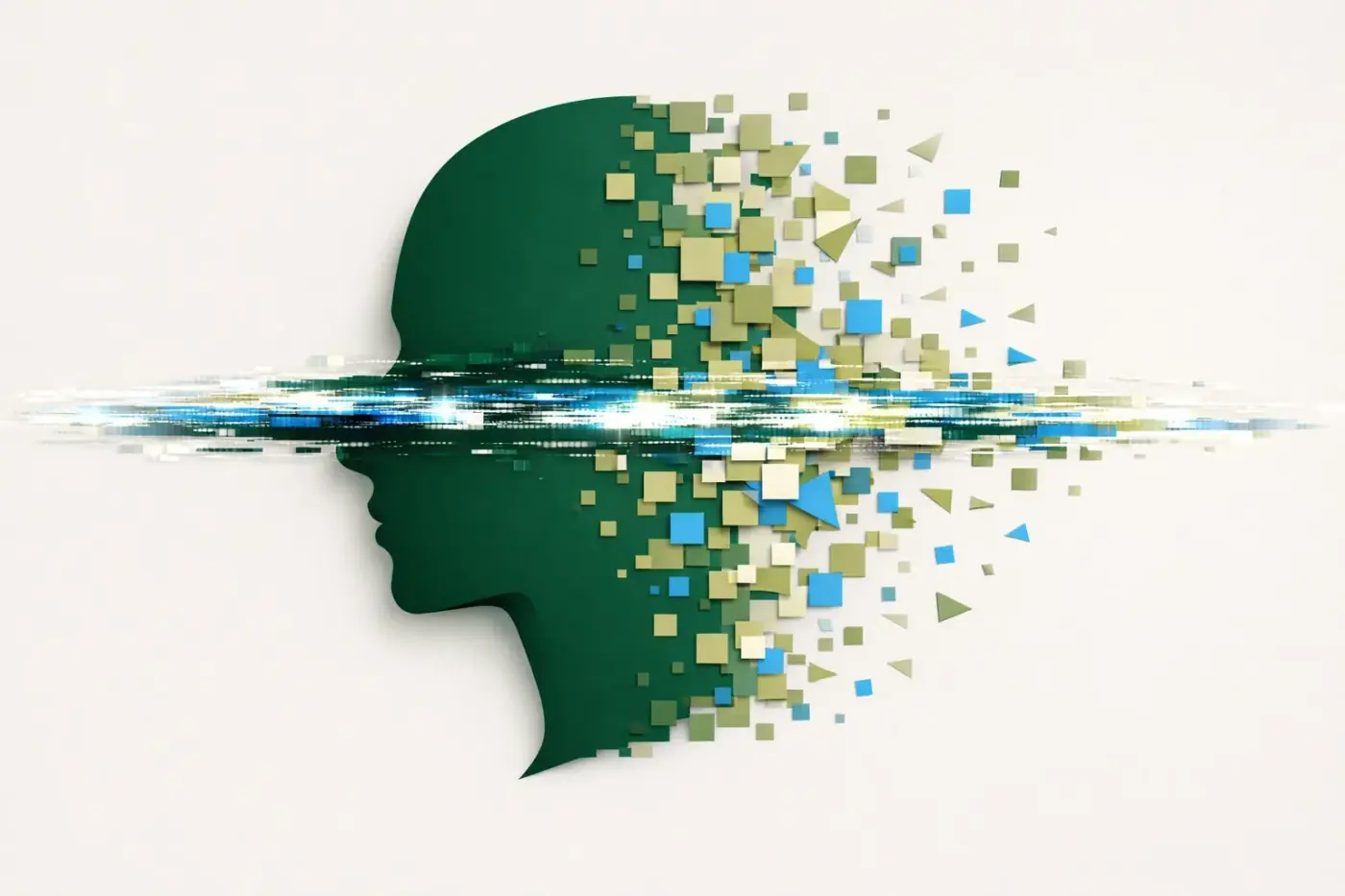 User silhouette dissolving into pixels representing modeled ghost data in GA4 analytics.