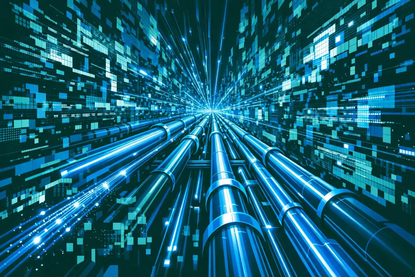 Clean data conduits and pipes cutting through chaotic digital noise, representing expert data plumbing.