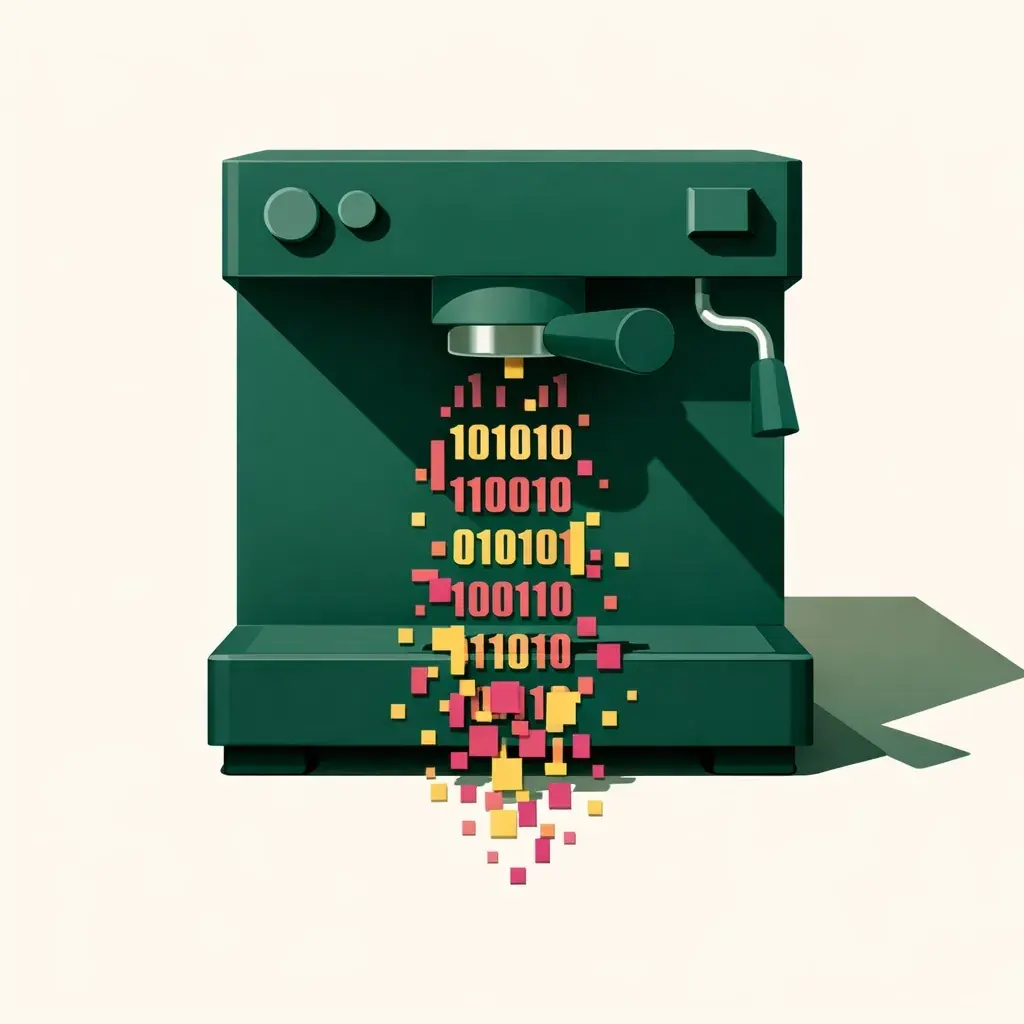 An espresso machine pouring pixelated binary code, illustrating the common marketing tool trap and data waste.