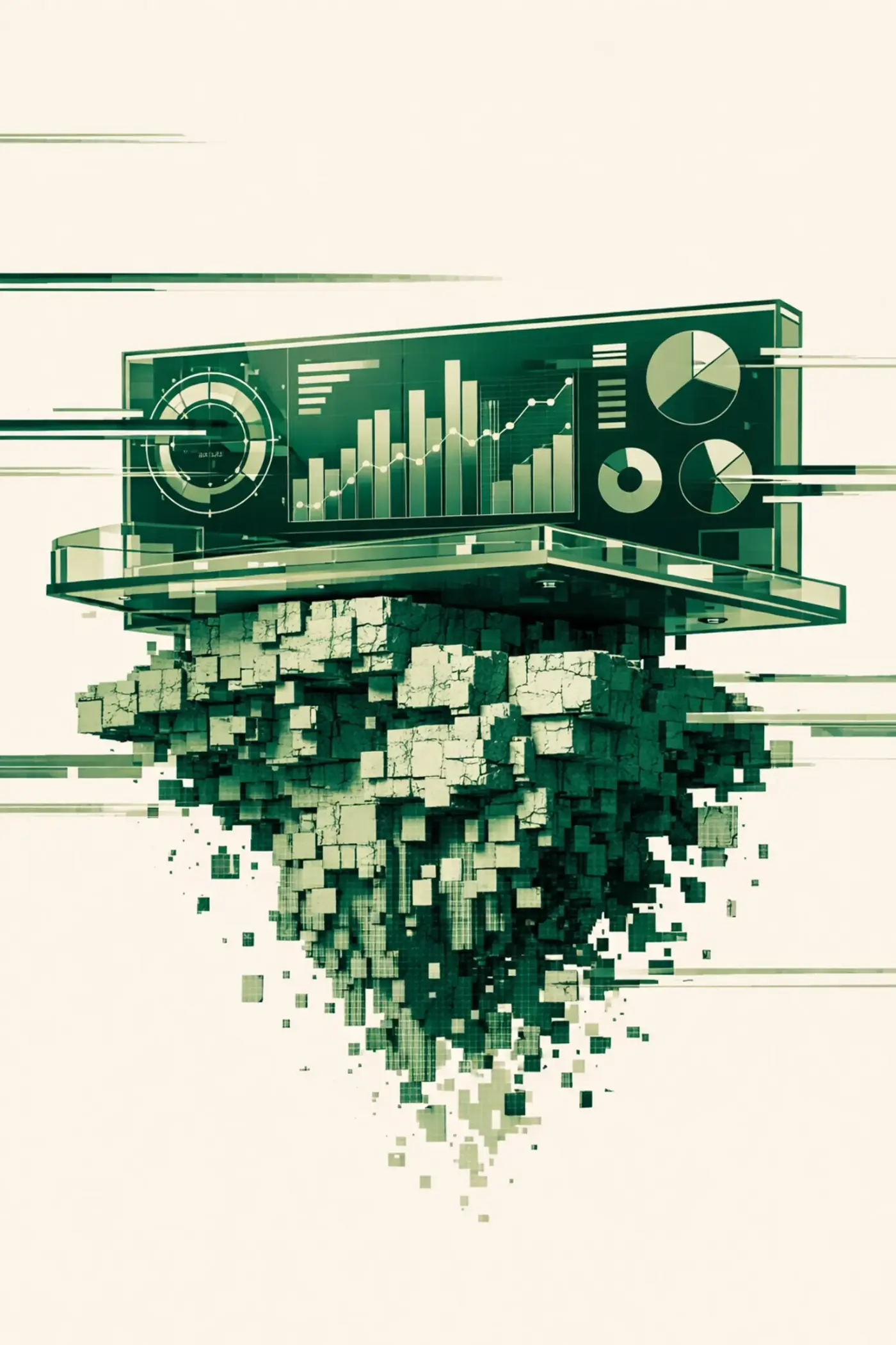 A sleek marketing dashboard perched on a crumbling pixelated foundation, symbolizing broken data infrastructure.
