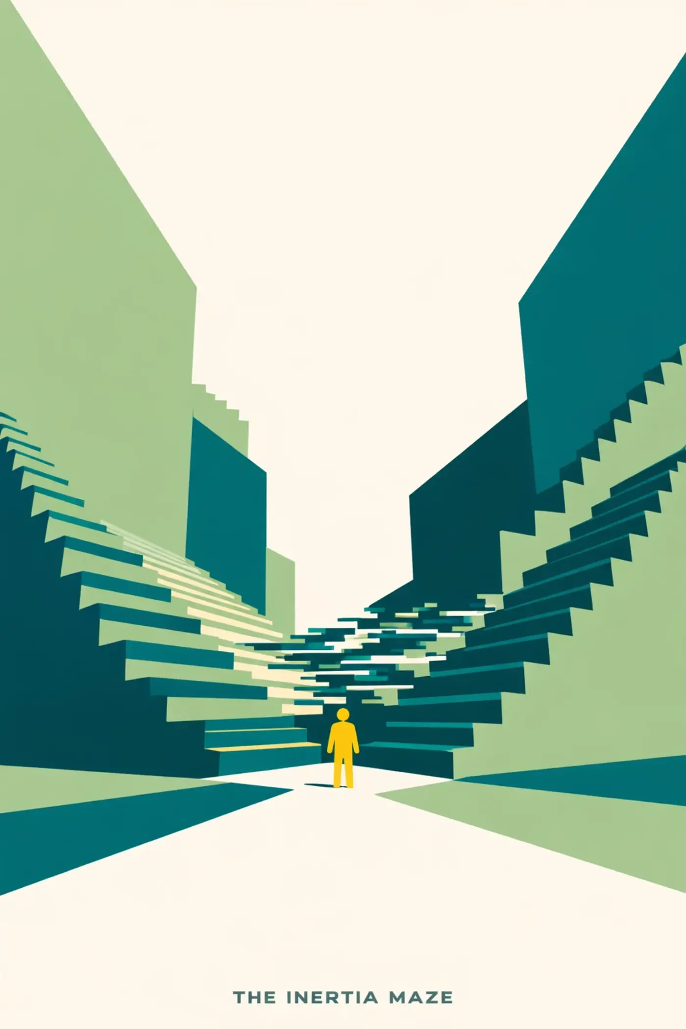 Abstract geometric staircase and silhouette representing a phased roadmap to analytical maturity.