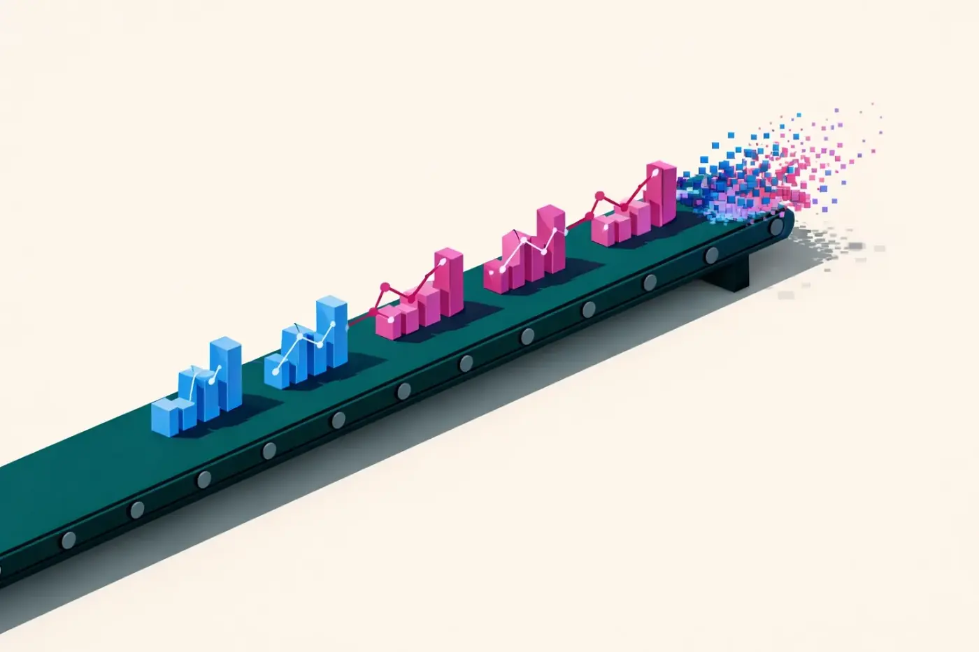 Minimalist conveyor belt with charts dissolving, illustrating ineffective marketing data reporting.