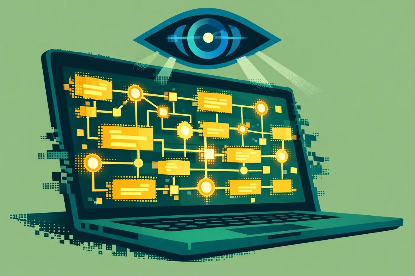 Illustration of an AI agent crawling a website's technical infrastructure and structured data.