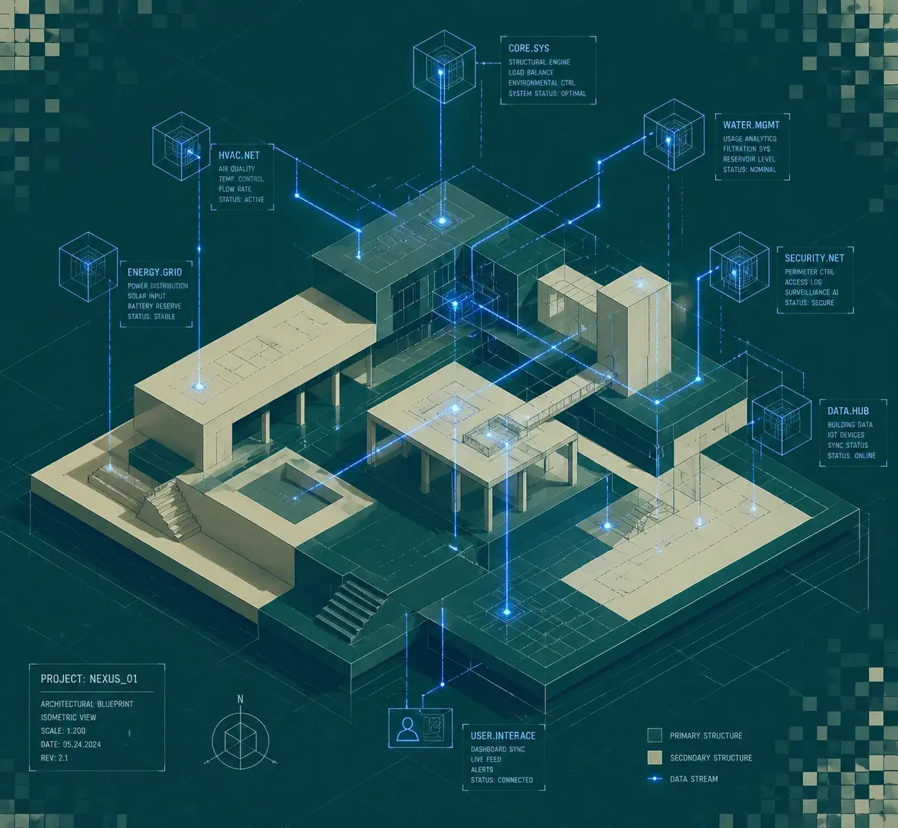 Technical SEO architecture blueprint illustrating connected data nodes for machine-readable brands.
