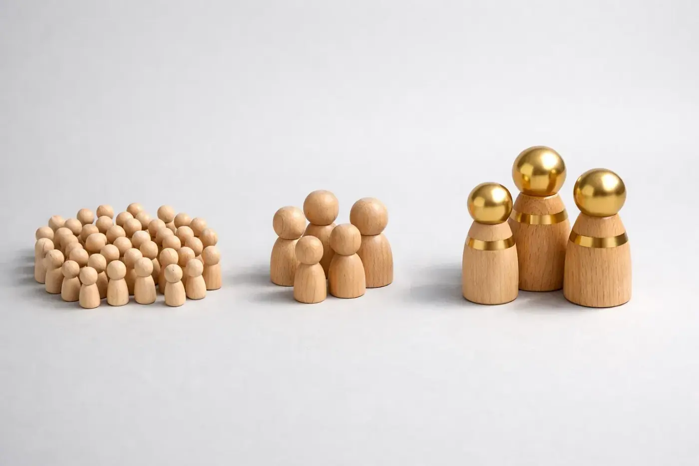 Three groups of wooden figurines representing audience segmentation and personas