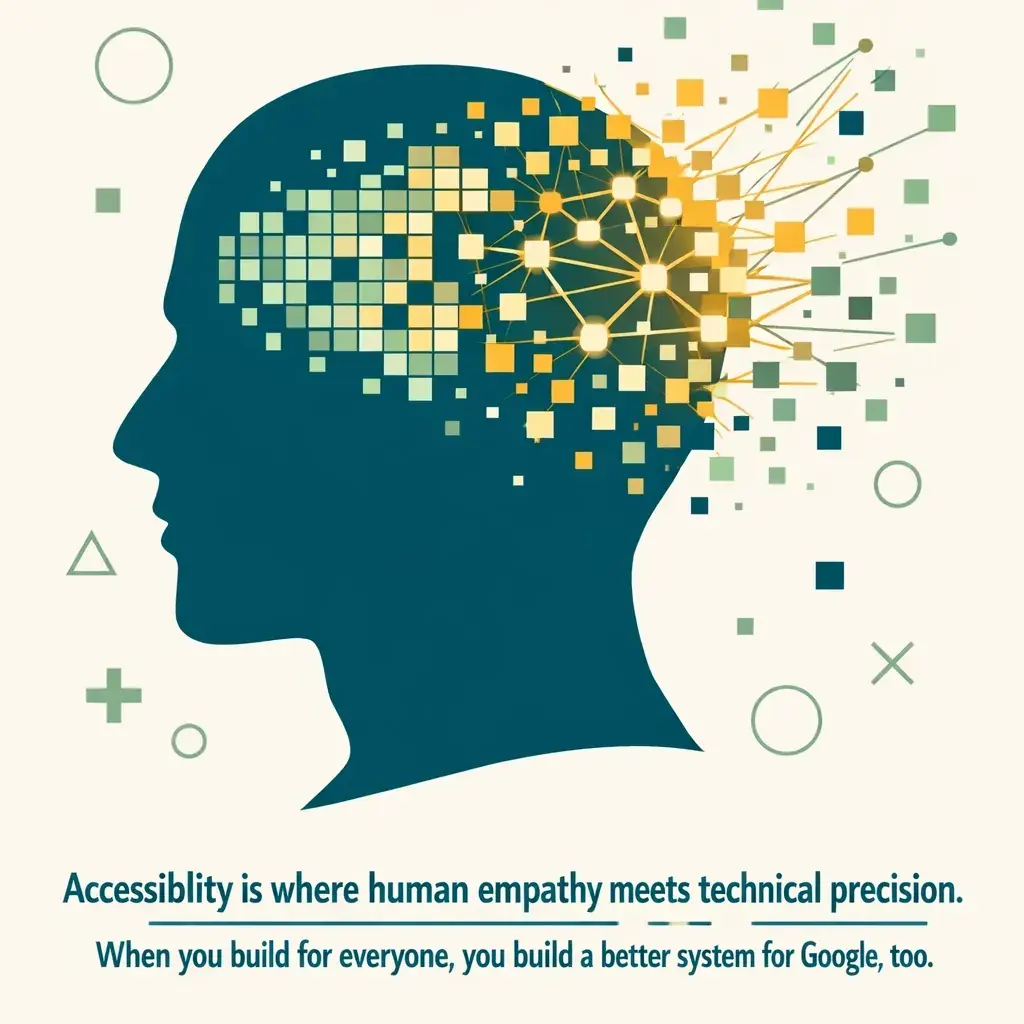 Human profile integrated with digital data nodes, symbolizing inclusive design and systemic marketing strategy.