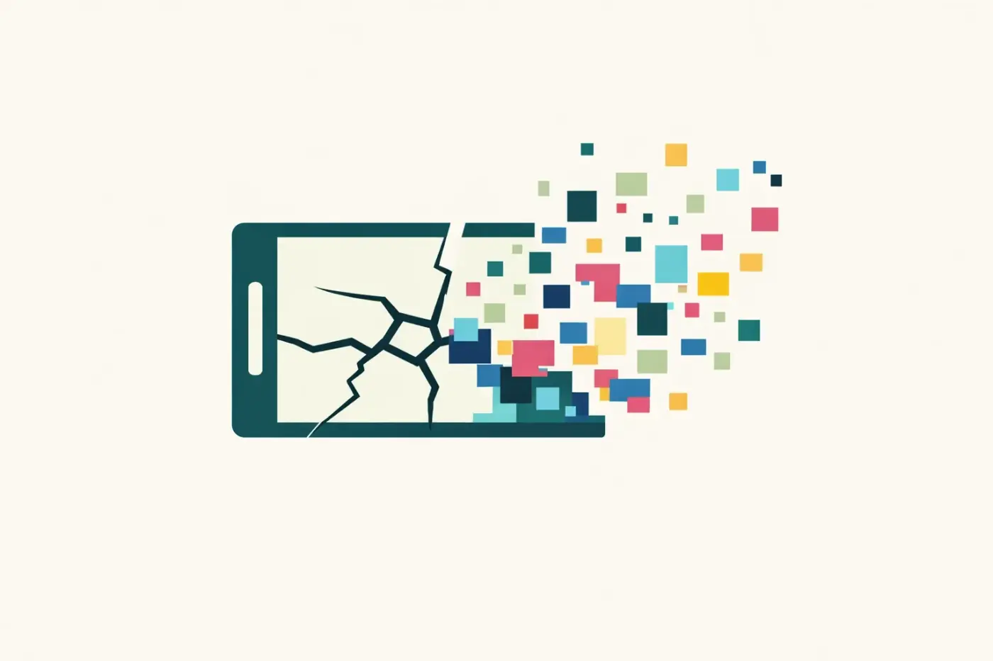 Minimalist flat-design fractured digital panel with duotone overlay and pixel-glitch accents, symbolizing analytics data loss and reporting gaps.