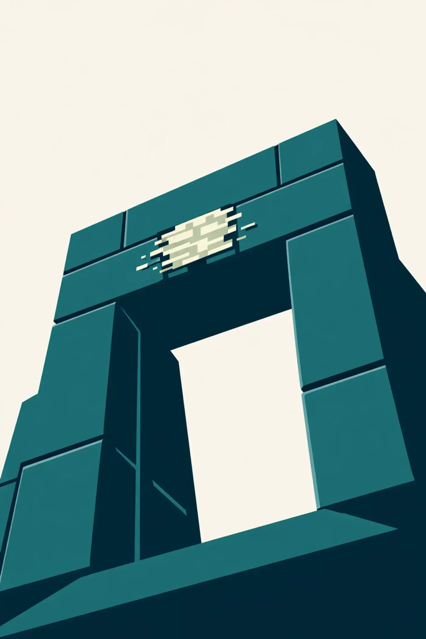 Minimalist gateway showing a digital glitch, representing a weak plugin failing a GA4 compliance system.