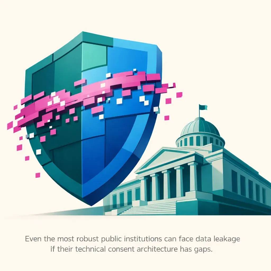 Digital shield over a government site representing GA4 data leakage and technical privacy compliance issues.
