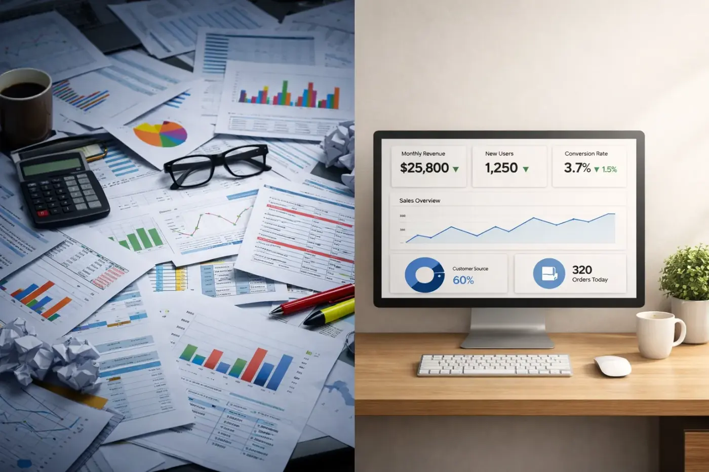 Comparison of cluttered reports versus clean conversion rate optimization dashboard