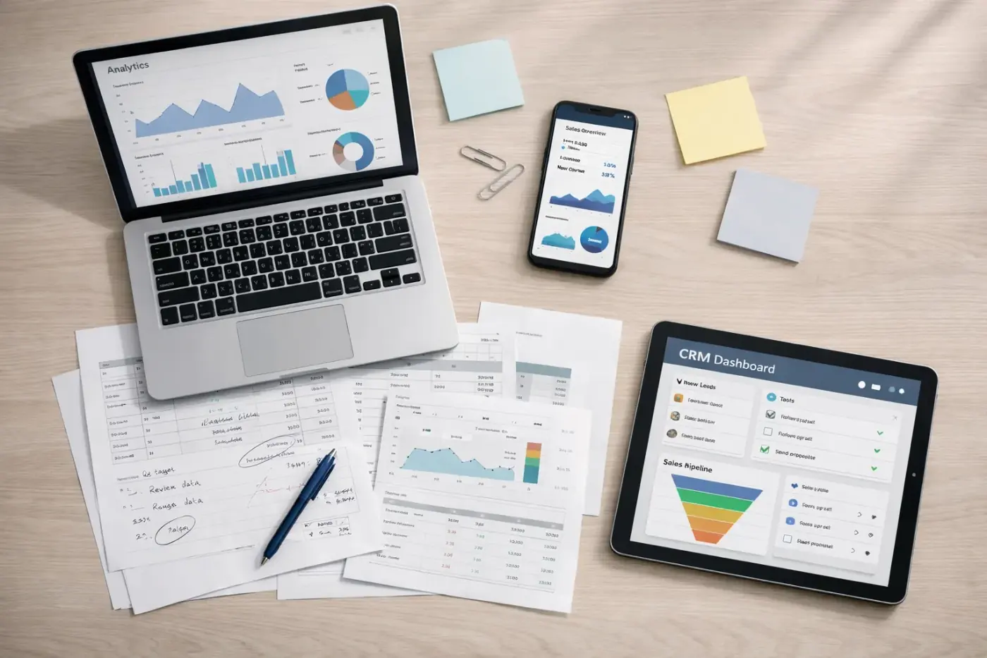 Scattered analytics data across multiple devices showing fragmented conversion tracking
