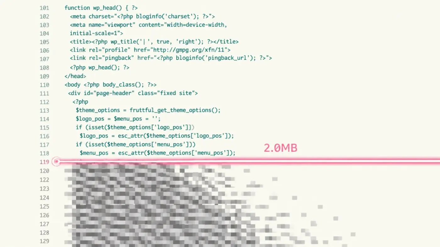 A technical visualization showing a pink laser beam cutting through a scroll of code at the 2.0MB mark, representing content truncation.
