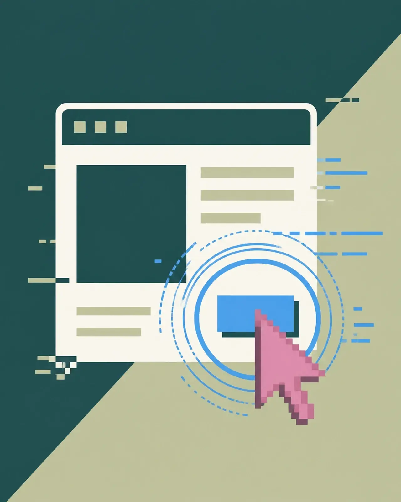 A minimalist flat design of a cursor clicking a button, emitting a blue ripple to symbolize Interaction to Next Paint responsiveness.