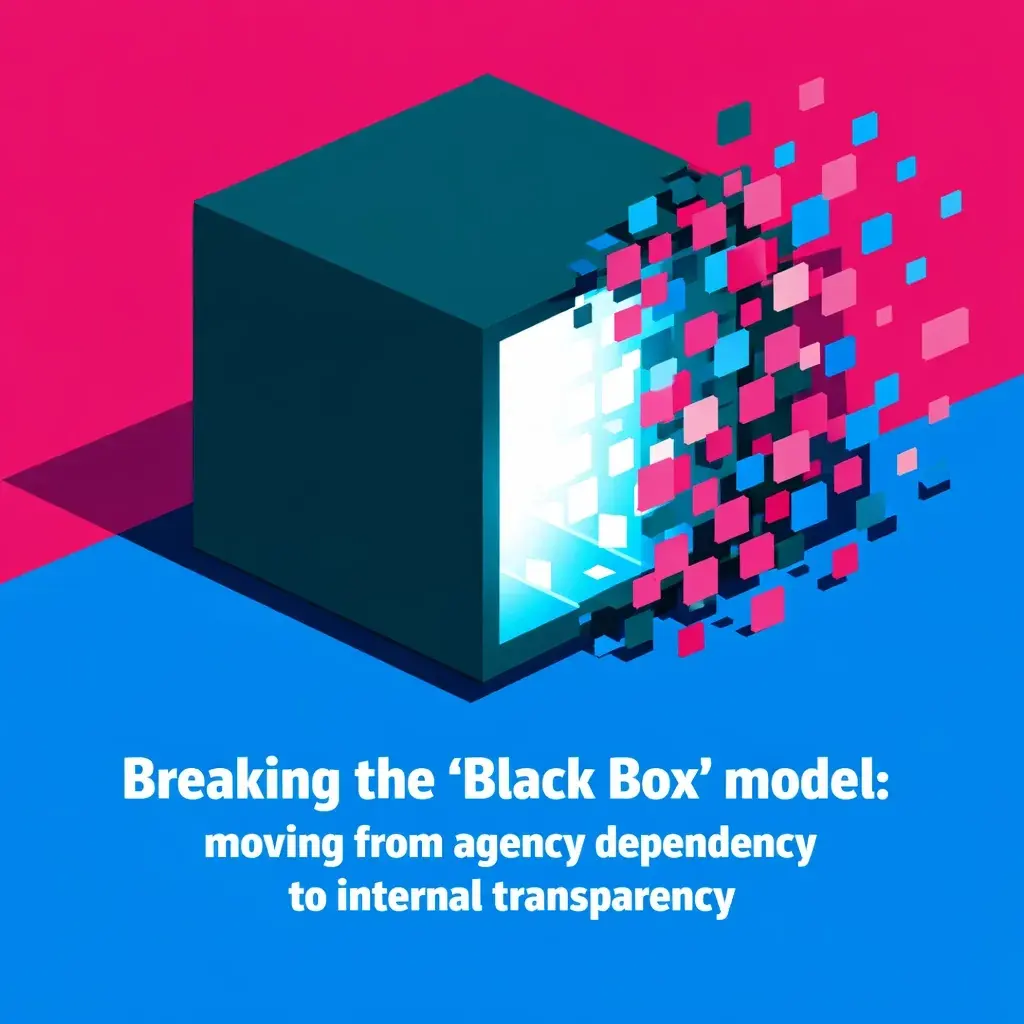 A shattering dark cube revealing organized data pixels, symbolizing the transition to internal data sovereignty.