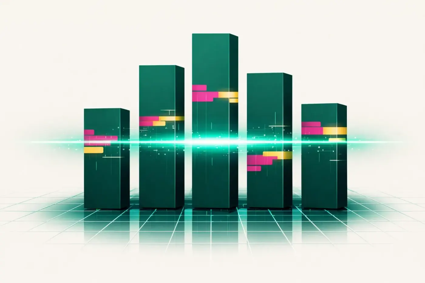 Scanning beam over digital monoliths illustrating enterprise GA4 budget forecasting and conversion lag.