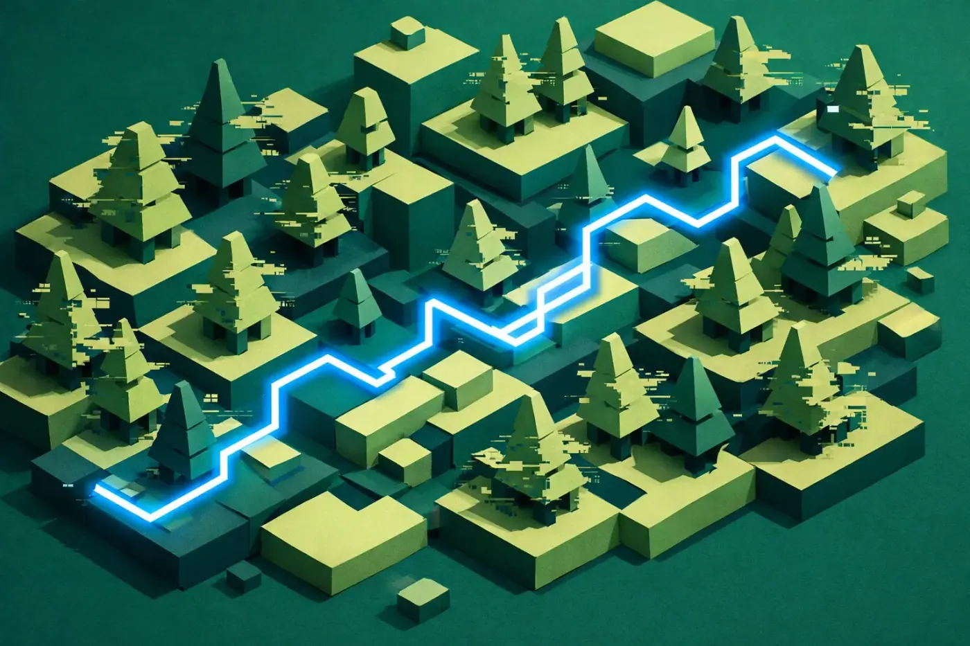 Digital path through a stylized forest representing a complex GA4 data-driven attribution customer journey.