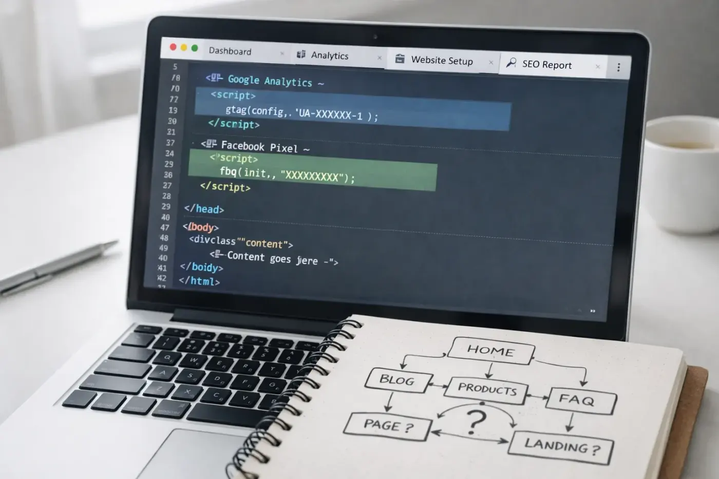 GA4 tracking code audit showing HTML implementation and website architecture planning