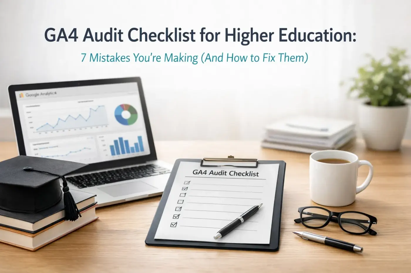 Abstract illustration representing a GA4 audit checklist for higher education institutions