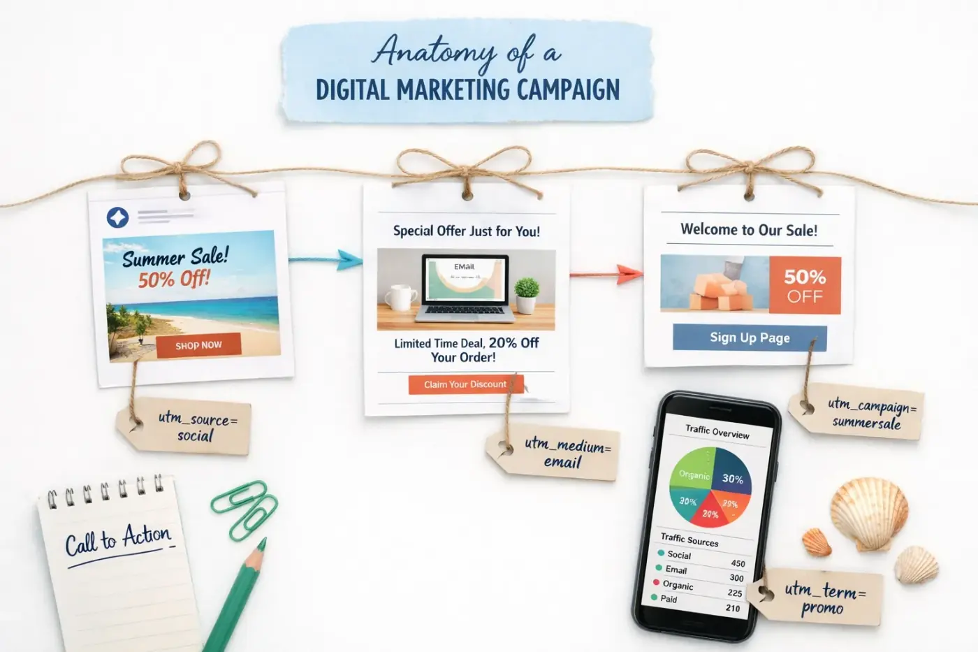 Digital marketing campaign tracking workflow with UTM parameters and analytics dashboard