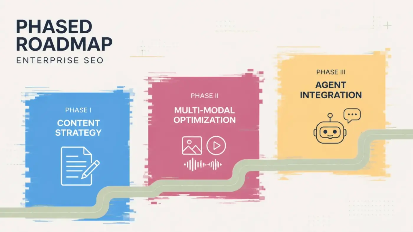 A phased roadmap showing the progression from content strategy to multi-modal optimization and agent integration.