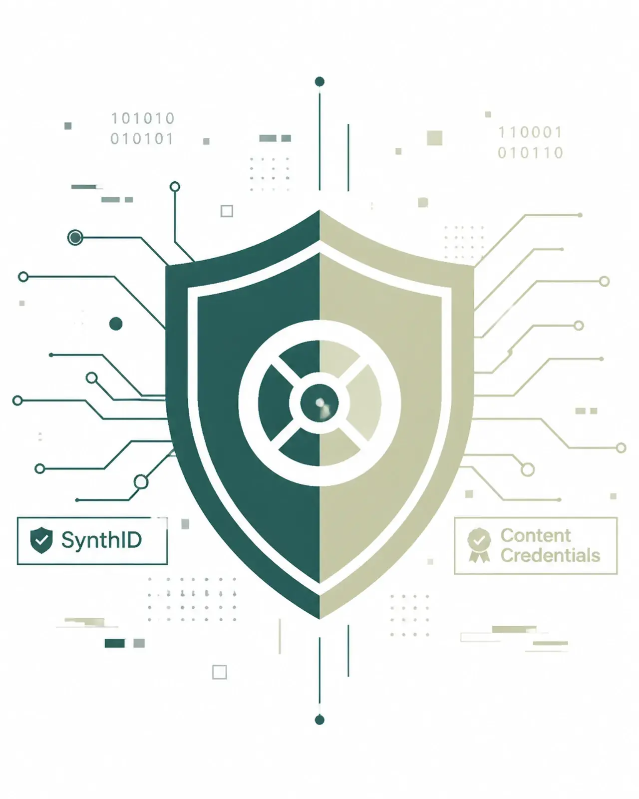 A minimalist visualization of data stewardship and trust signals like SynthID for enterprise sites.