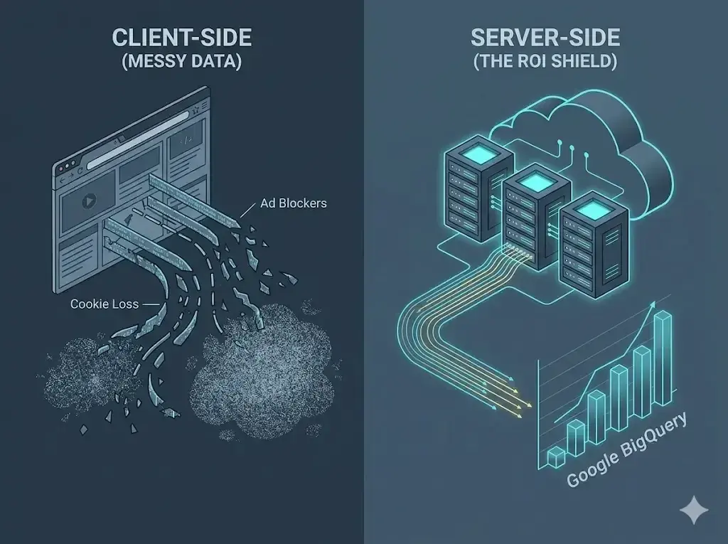 Illustrates the difference between client-side and server-side tracking: client-side suffers from messy data loss due to cookies and ad blockers, while server-side provides clean, reliable data flow.