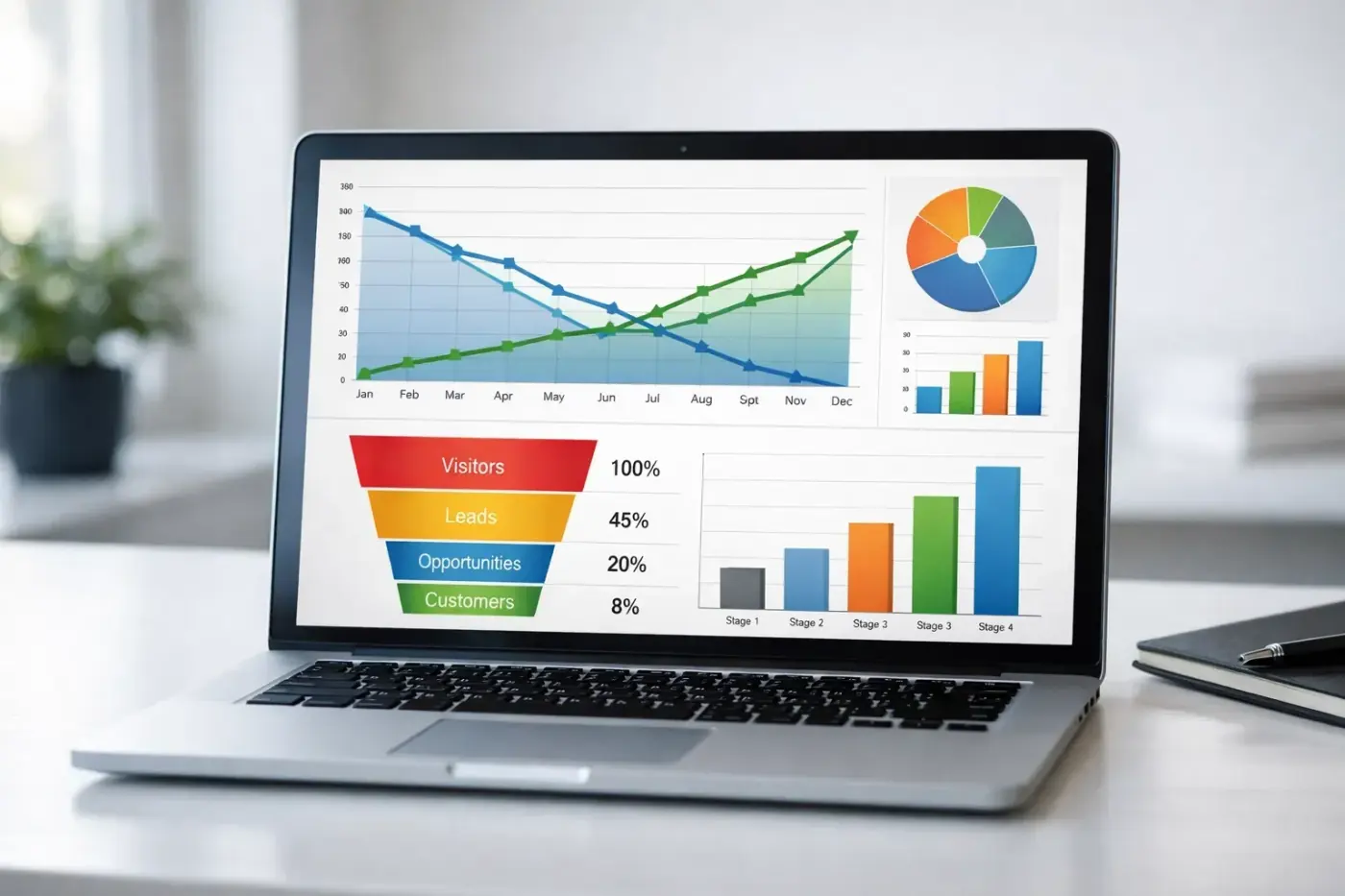 Laptop displaying digital marketing analytics with conversion funnel, multi-stage bar charts, pie chart, and a line graph visualizing monthly performance.