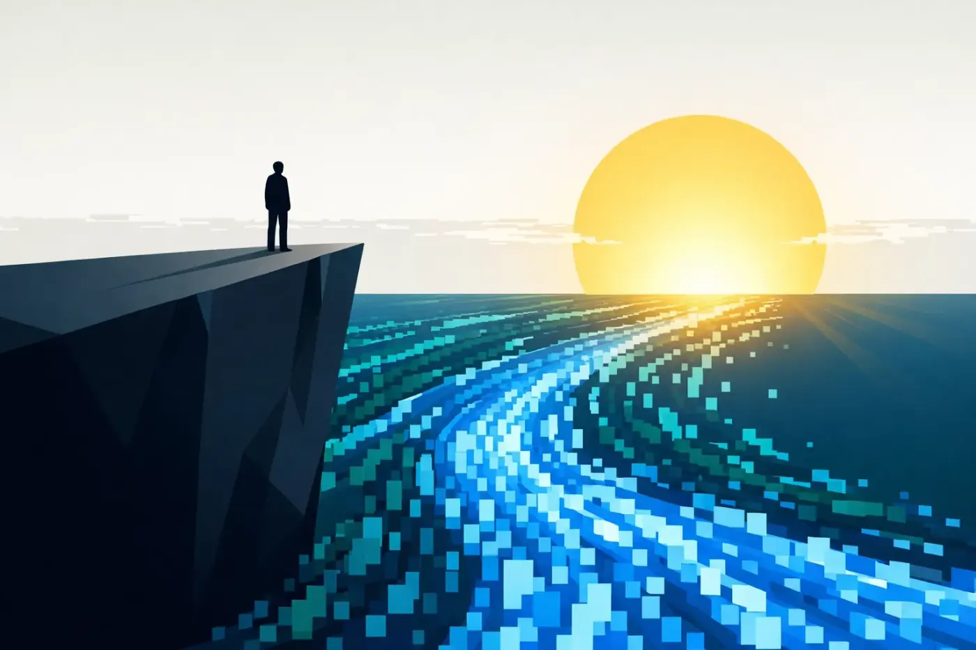 Digital illustration of the search traffic cliff caused by AI overviews and zero-click search behavior.