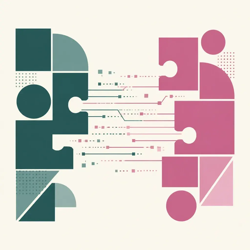 An abstract square illustration representing interoperability with interlocking geometric shapes in teal and purple, connected by glitchy data-stream lines.