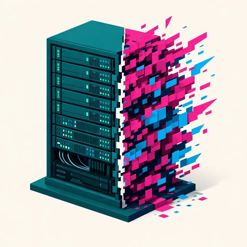 A server rack split between organized teal data and a pixelated glitch representing marketing data liability.