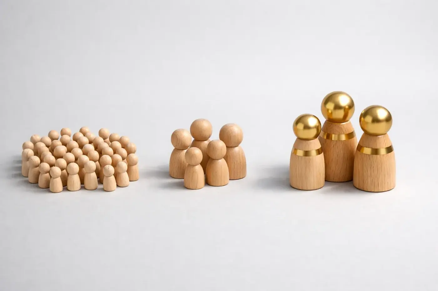 Three groups of figurines representing audience segmentation by value and conversion potential