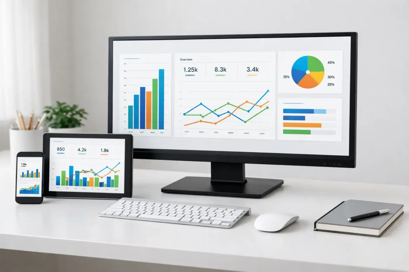 Multiple devices showing GA4 analytics dashboards with marketing performance data