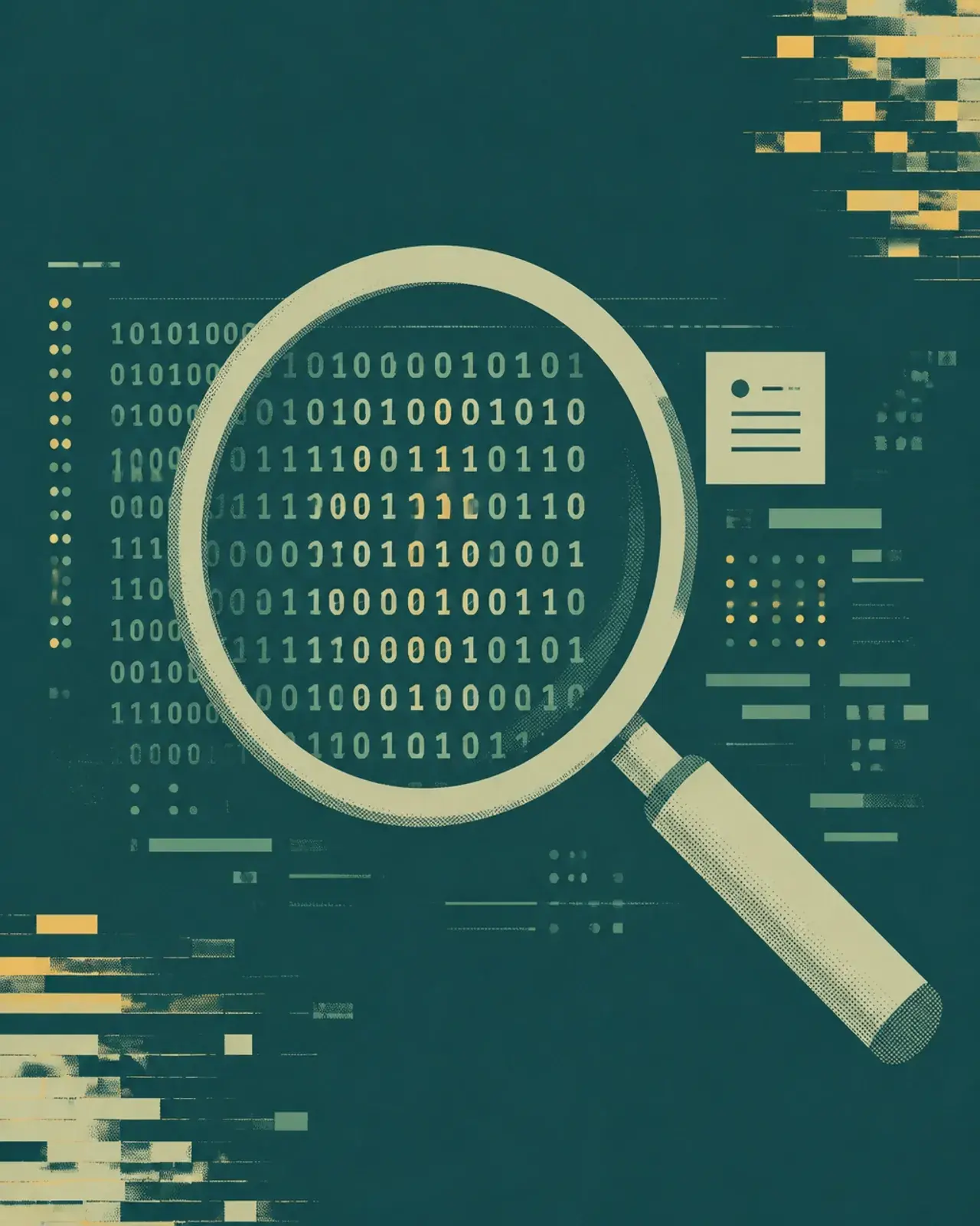 A magnifying glass over rows of digital code, illustrating the forensic audit process of identifying high-risk data points.