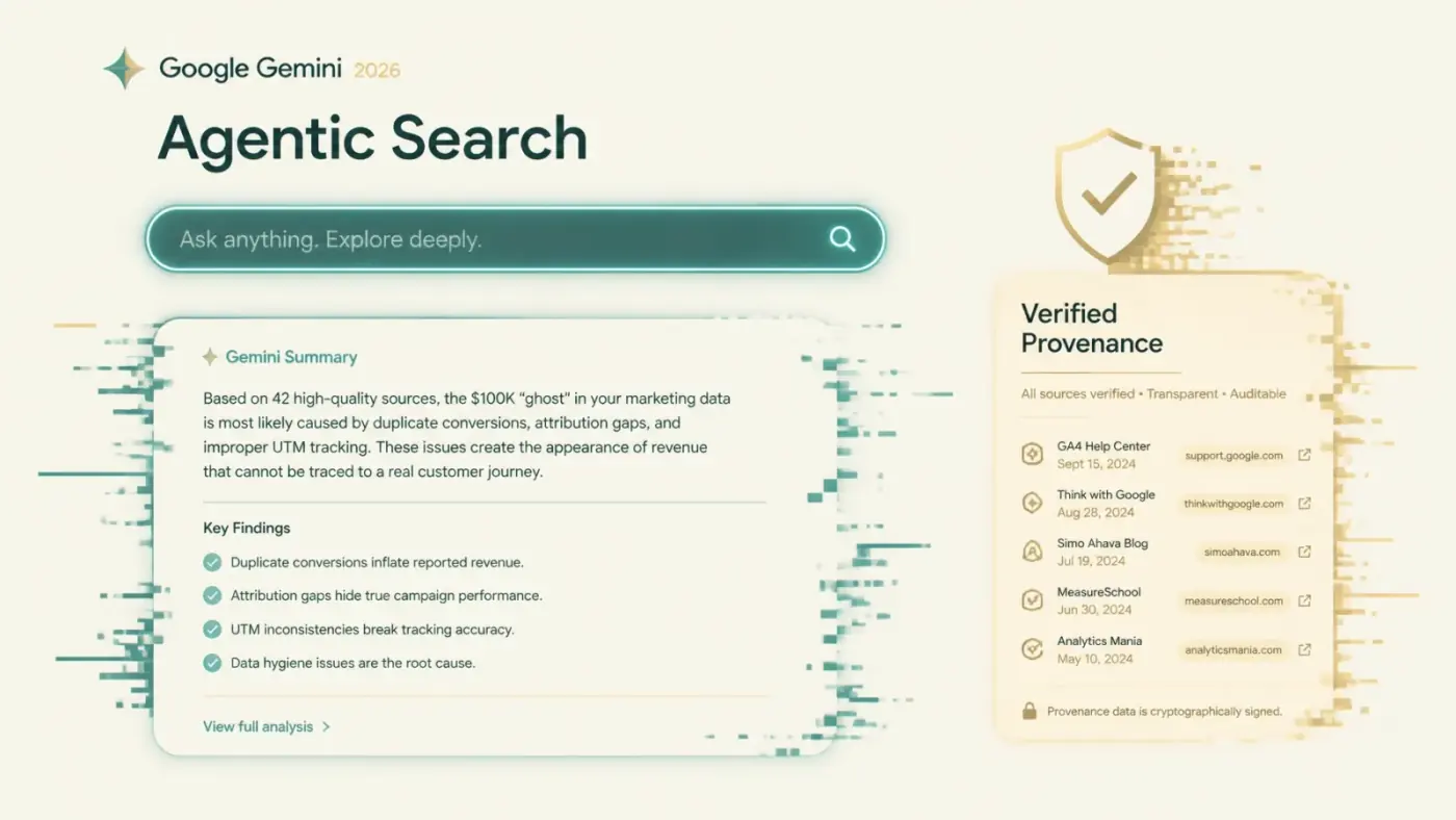 A conceptual view of an Agentic Search interface where a 'Verified Provenance' badge is prominently displayed next to a trusted government search result.