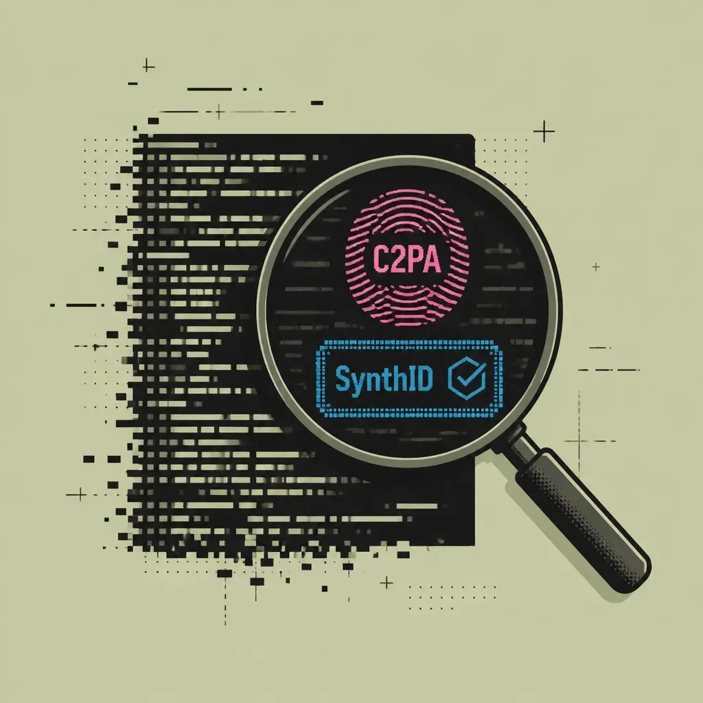 A minimalist illustration of a magnifying glass uncovering C2PA and SynthID signatures within a block of code, highlighting the technical audit process for content verification.